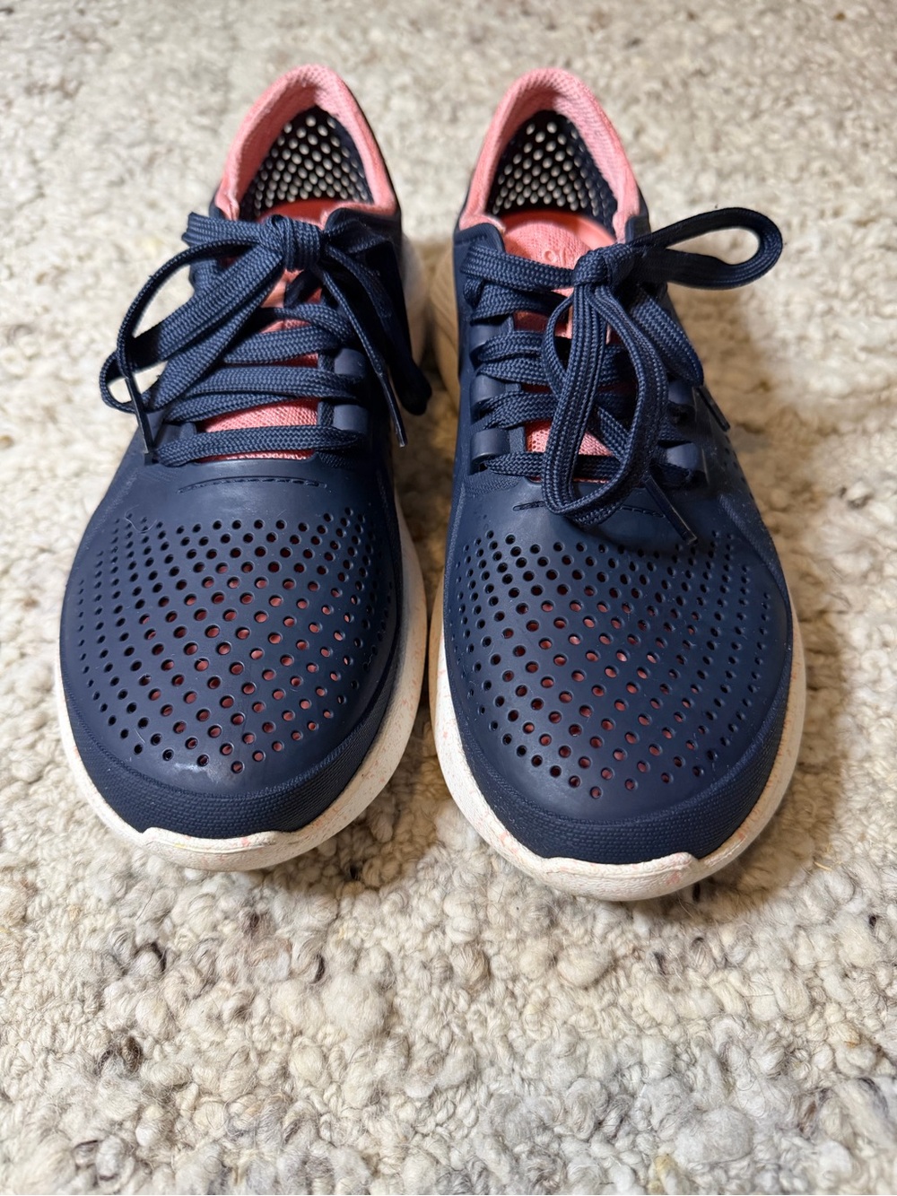 CROCS Navy and Coral Pink Perforated Lace-Up Athletic Sneakers